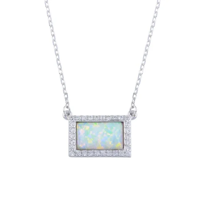 Rhodium Plated 925 Sterling Silver Rectangle Opal Pendant Necklace with CZ – BGP01316
