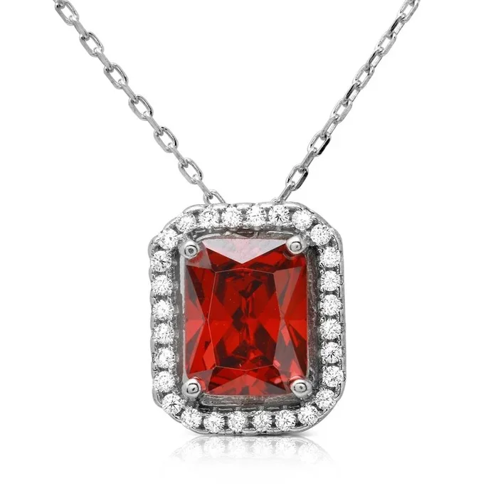 Rhodium Plated 925 Sterling Silver Red Square Halo Pendant – BGP01174RED
