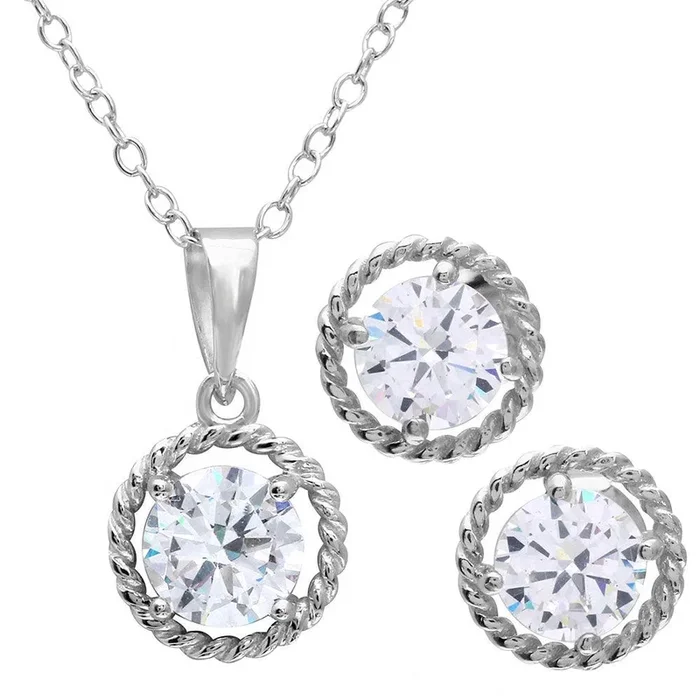 Rhodium Plated 925 Sterling Silver Rope Border CZ Center Set – BGS00487