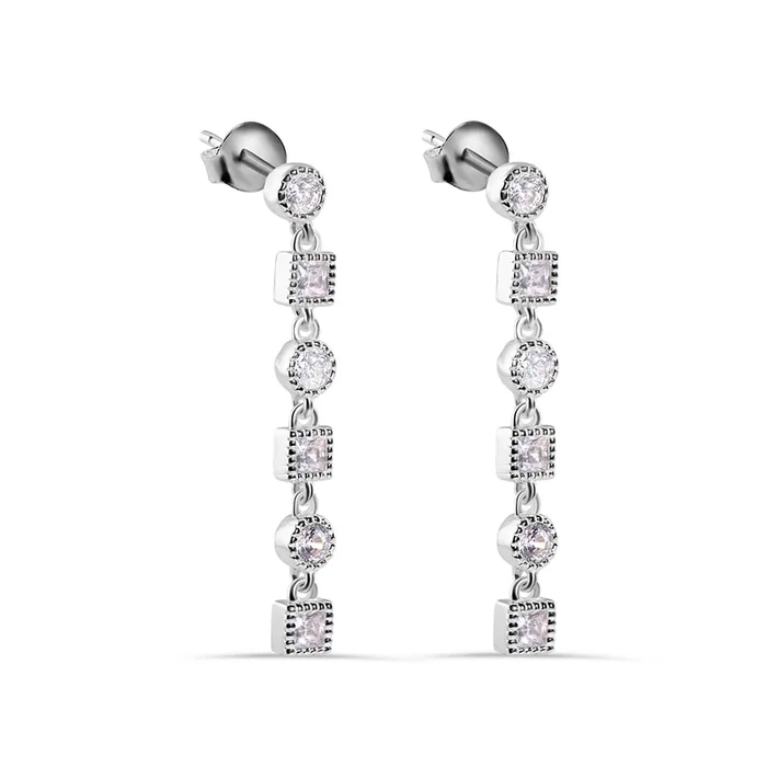 Rhodium Plated 925 Sterling Silver Round and Square Dangling Clear CZ Stud Earrings – BGE00416SP