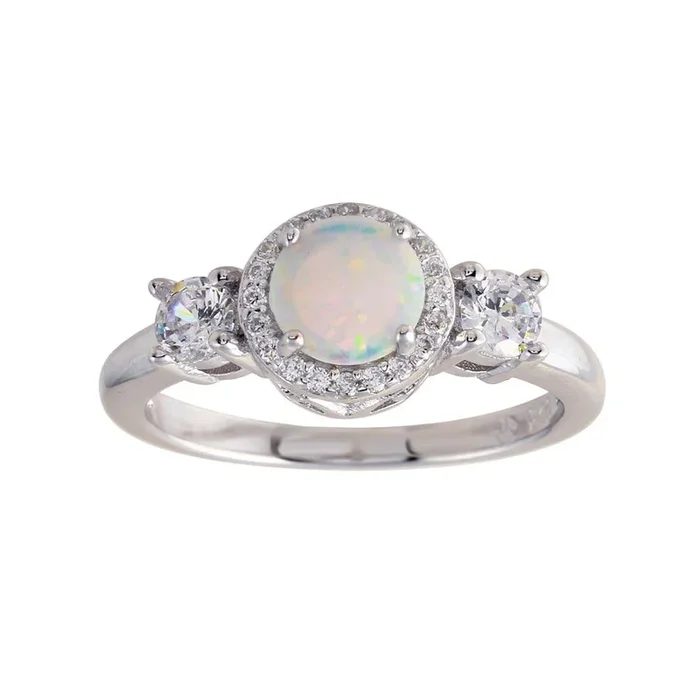 Rhodium Plated 925 Sterling Silver Round Opal Stone Halo CZ Ring – BGR01276