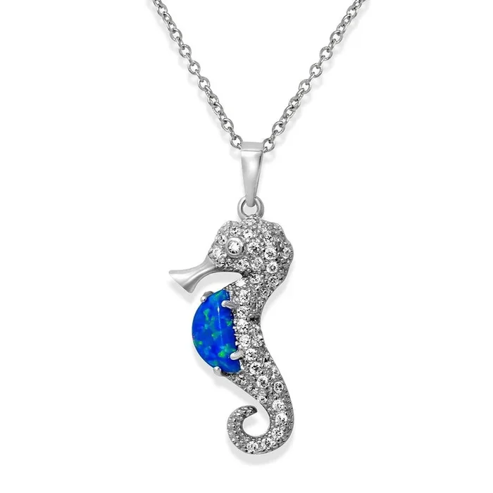 Rhodium Plated 925 Sterling Silver Sea Horse with CZ and Synthetic Blue Opal Necklace – BGP01071BLU