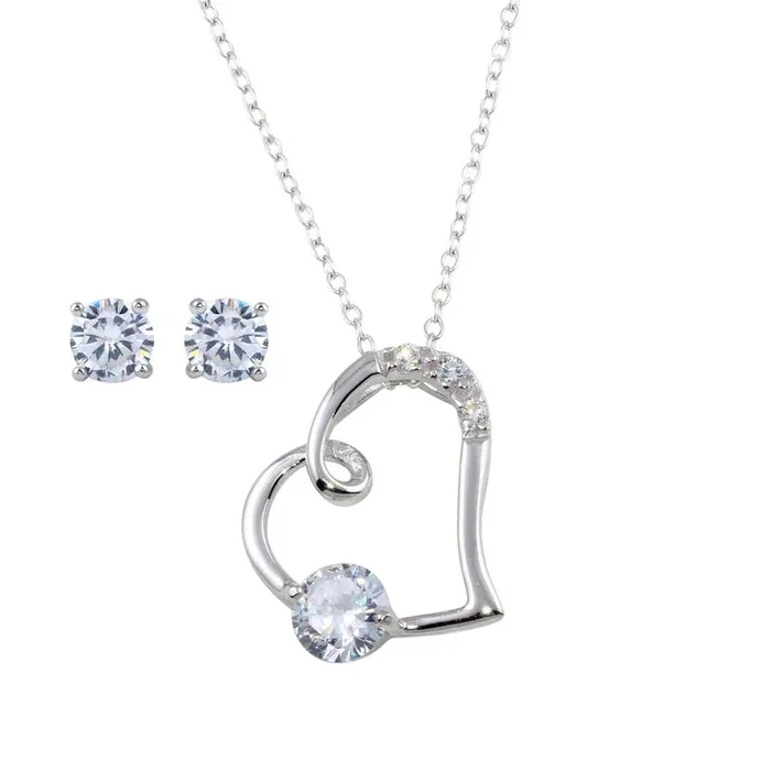 Rhodium Plated 925 Sterling Silver Side way CZ Open Heart Set – STS00524