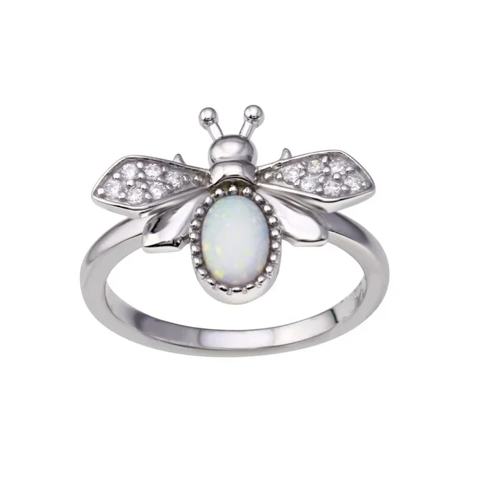 Rhodium Plated 925 Sterling Silver Simulated Opal Bee Ring – BGR01355