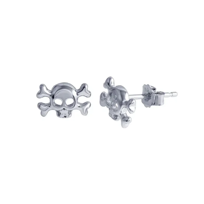 Rhodium Plated 925 Sterling Silver Skull Crossbones Stud Earring – STE01291
