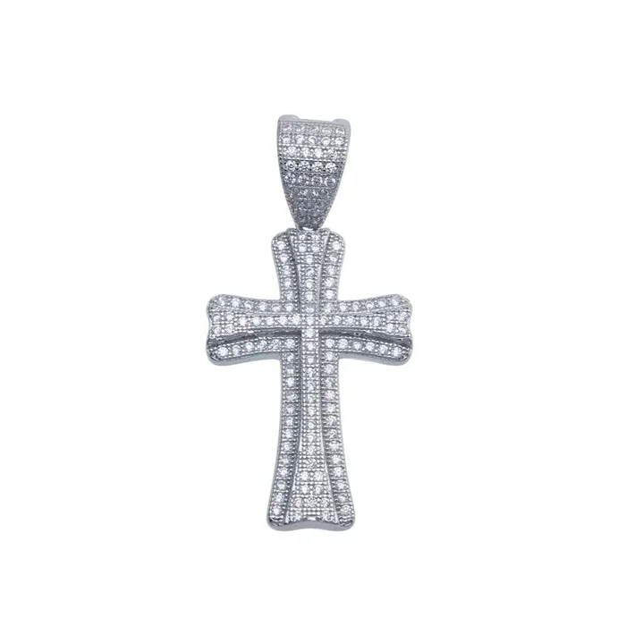 Rhodium Plated 925 Sterling Silver Small Double Cross CZ Hip Hop Pendant – SLP00095