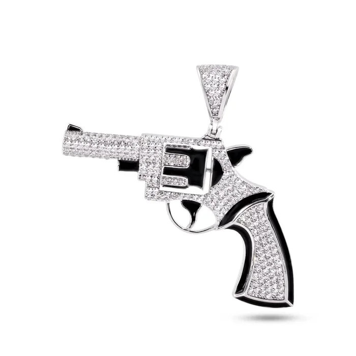 Rhodium Plated 925 Sterling Silver Spinning Revolver Gun Clear CZ Black Enamel Pendant – SLP00424