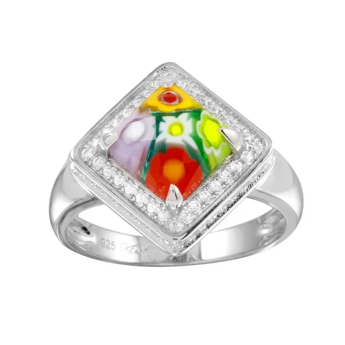 Rhodium Plated 925 Sterling Silver Square Halo CZ Murano Glass Ring – MR00009