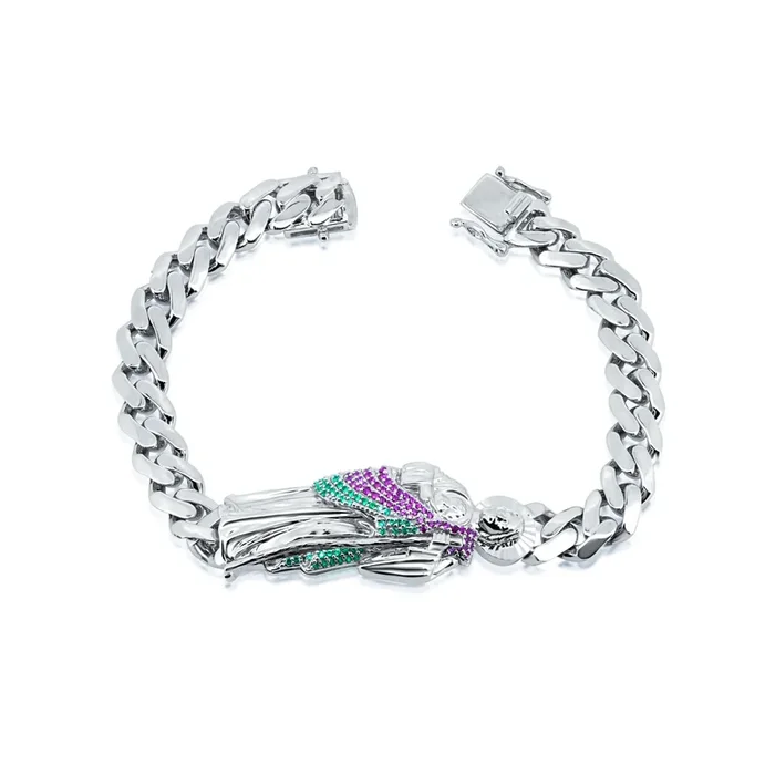 Rhodium Plated 925 Sterling Silver St Jude Red and Green CZ Cuban 9.5mm Bracelet – GMB00120