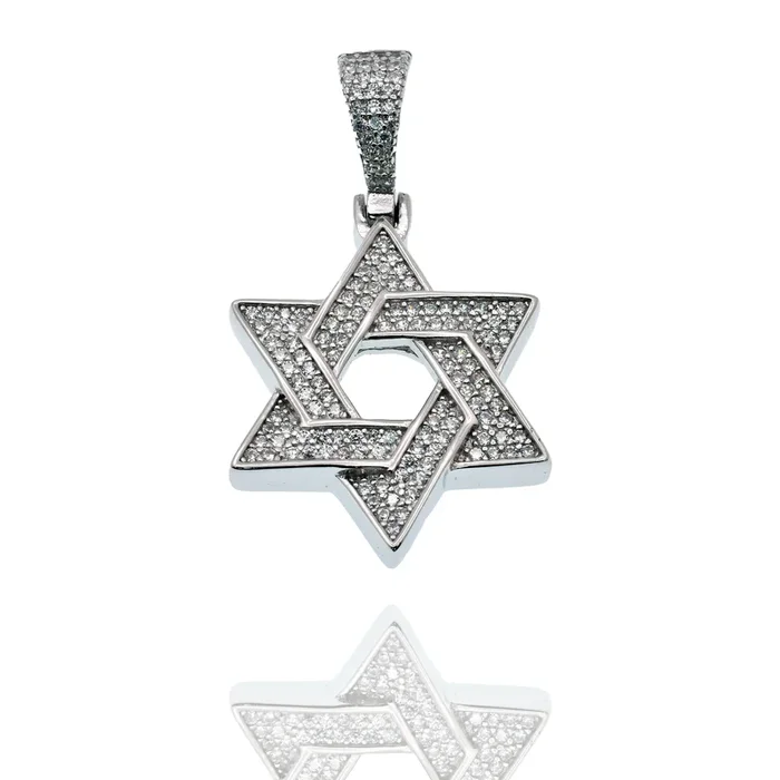 Rhodium Plated 925 Sterling Silver Star Of David Iced Out Clear CZ 23mm Pendant – SLP00491