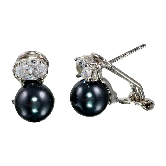 Rhodium Plated 925 Sterling Silver Synthetic Gray Pearl with Oval CZ Lever Back Earrings – BGE00562