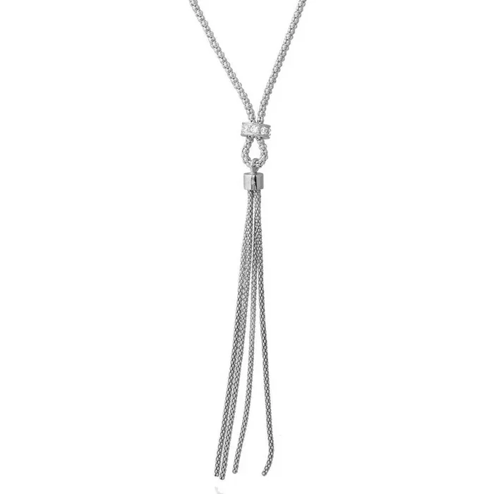 Rhodium Plated 925 Sterling Silver Tassel Drop Necklace with Connected CZ Ring Knot – ARN00033RH