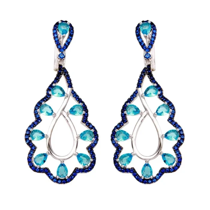 Rhodium Plated 925 Sterling Silver Teal and Blue CZ Teardrop Earrings – BGE00582