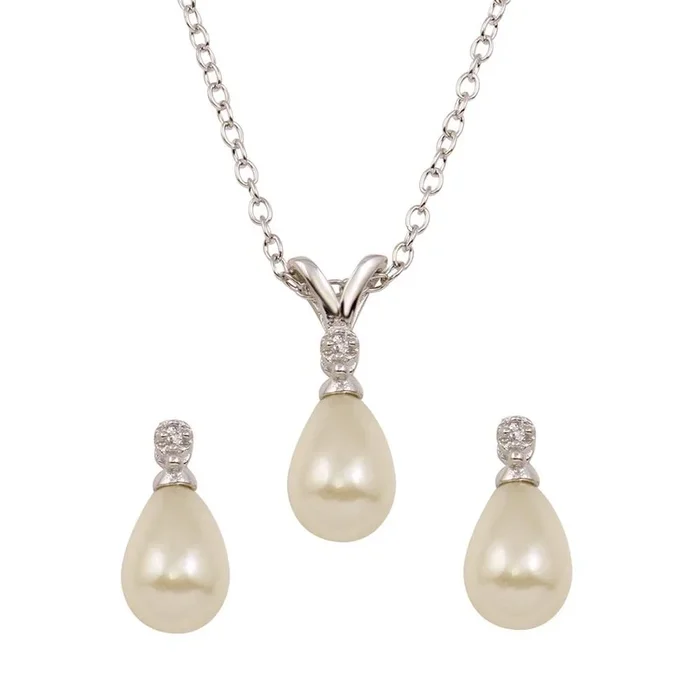 Rhodium Plated 925 Sterling Silver Tear Drop Pear Earrings and Necklace set with CZ – STS00450
