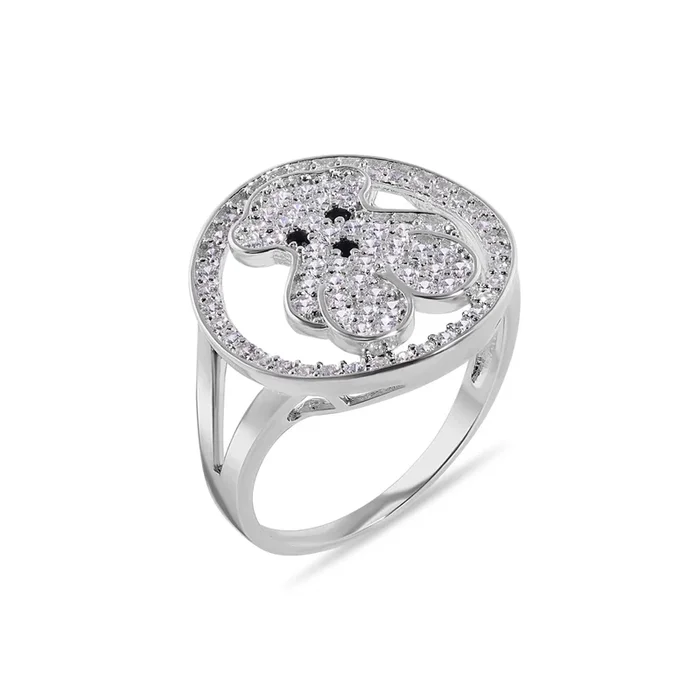 Rhodium Plated 925 Sterling Silver Teddy Bear Round Top Clear CZ Studded 16.9mm Ring – GMR00408