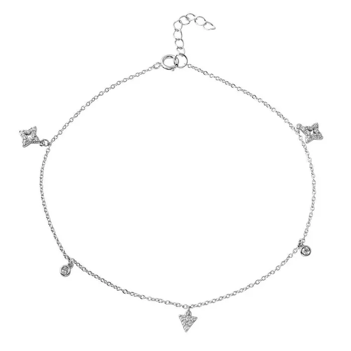 Rhodium Plated 925 Sterling Silver Triangle and Rhombus Drop Anklet with CZ – BGF00017
