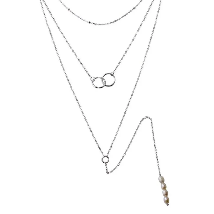 Rhodium Plated 925 Sterling Silver Triple Strand Bead Interlocked Rings and Fresh Water Pearl Necklace – STP01577RH