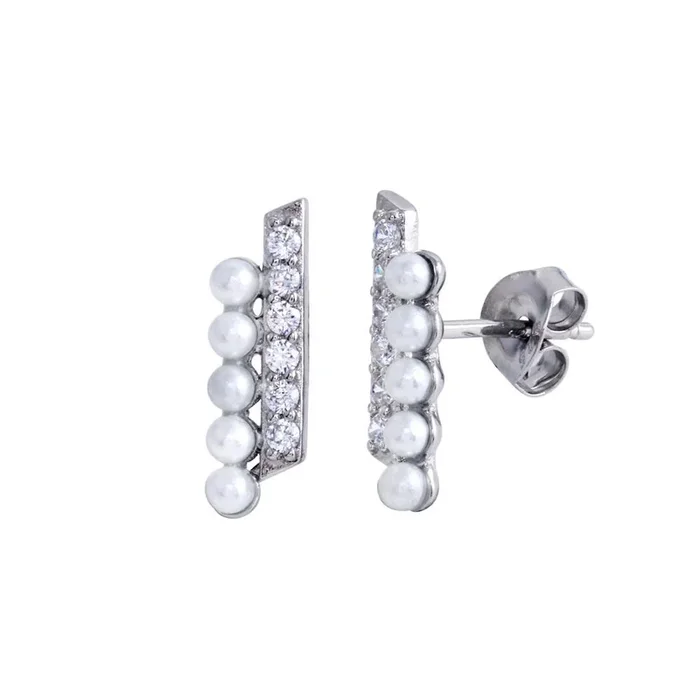 Rhodium Plated 925 Sterling Silver Vertical Pearl and Clear CZ Earring – BGE00690