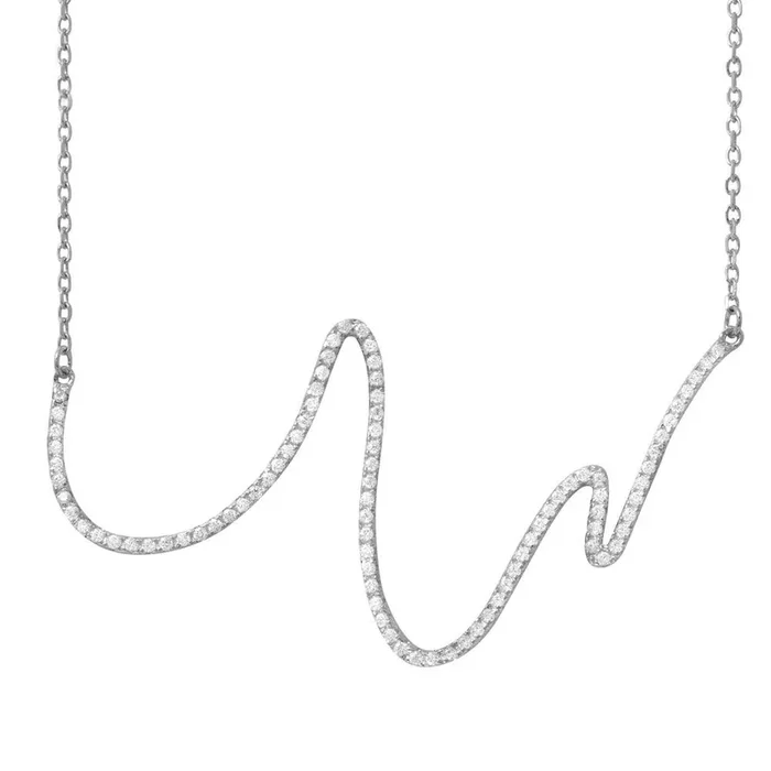 Rhodium Plated 925 Sterling Silver Wave Design with CZ Necklace – BGP01161RHD