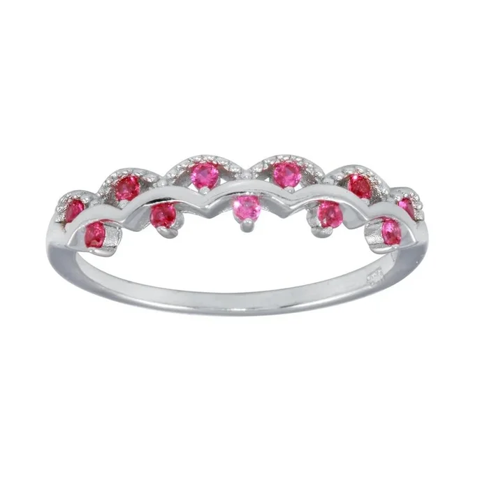 Rhodium Plated 925 Sterling Silver Wavy Ring with Red CZ – BGR01239RED