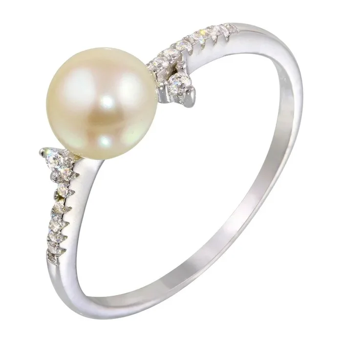 Rhodium Plated 925 Sterling Silver White Pearl Ring with CZ – BGR01142