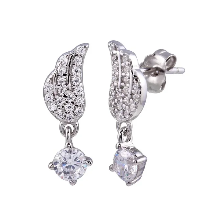 Rhodium Plated 925 Sterling Silver Wing Dangling CZ Stud Earring – STE01249