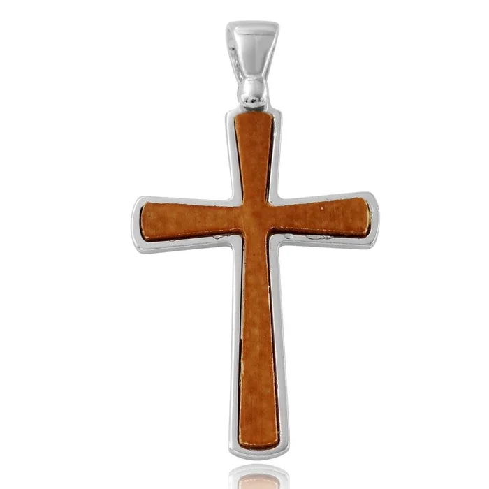 Rhodium Plated 925 Sterling Silver Wooden Cross Pendant – ARP00020