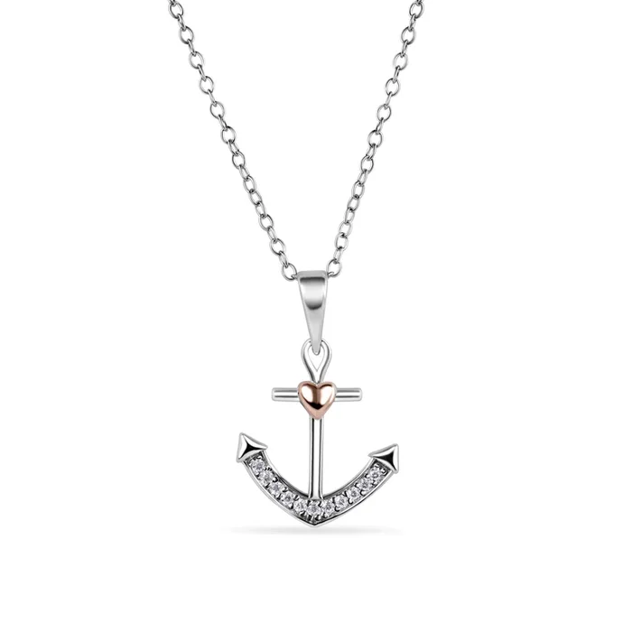 Rhodium Plated and Rose Gold Plated 925 Sterling Silver Anchor and Heart Clear CZ Necklace – BGP01488
