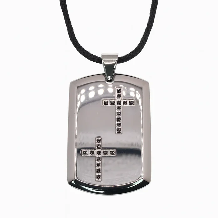 Rhodium Plated Stainless Black Double CZ Cross Dog Tag Pendant Necklace – SSN00049