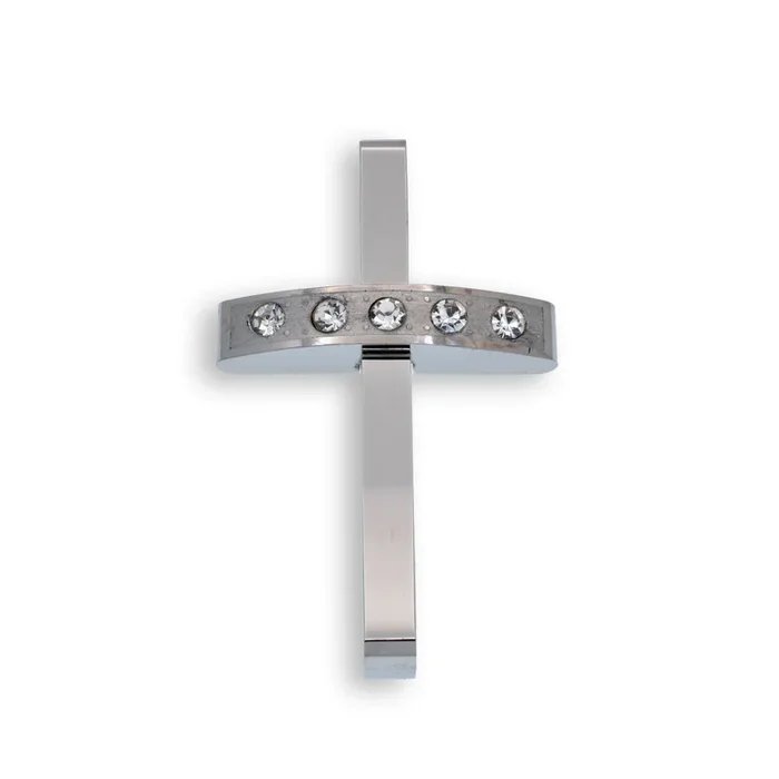 Rhodium Plated Stainless Steel Cross Clear CZ Bar 25.9mm x 41.6mm Pendant – SSP00115
