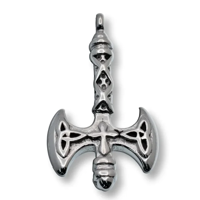 Rhodium Plated Stainless Steel Double-Bladed Axe Cross Gothic and Celtic Engravings 24.5mm x 46.4mm Pendant – SSP00296
