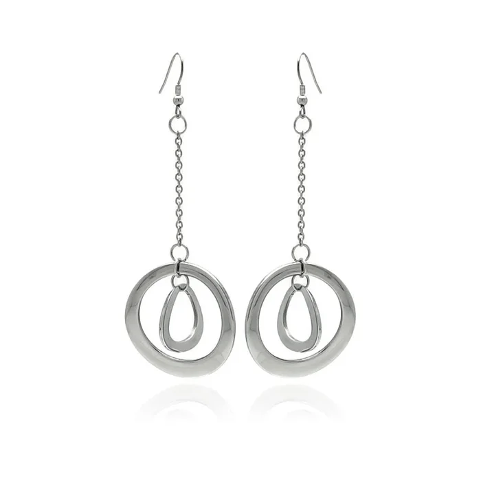 Rhodium Plated Stainless Steel Double Circle Dangle Earrings – SSE00090