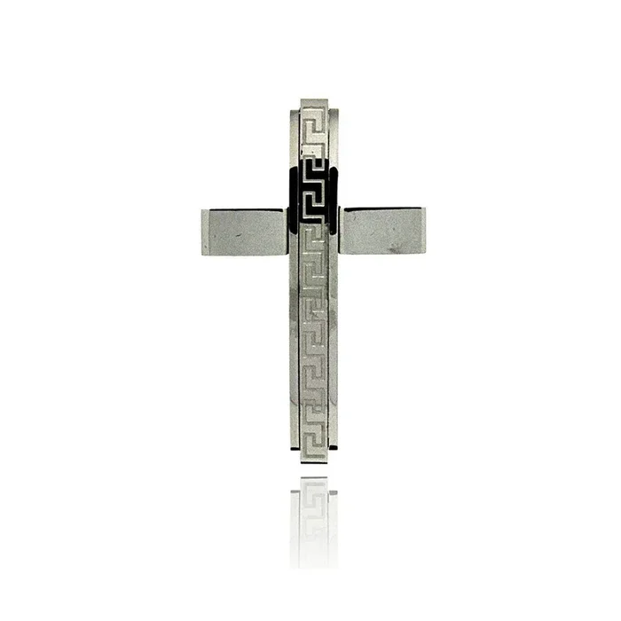 Rhodium Plated Stainless Steel Greek Key Cross Pendant – SSP00189