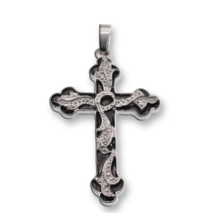 Rhodium Plated Stainless Steel Intricate Filigree Cross Textured Detailed 29.8mm x 42.9mm Pendant – SSP00283