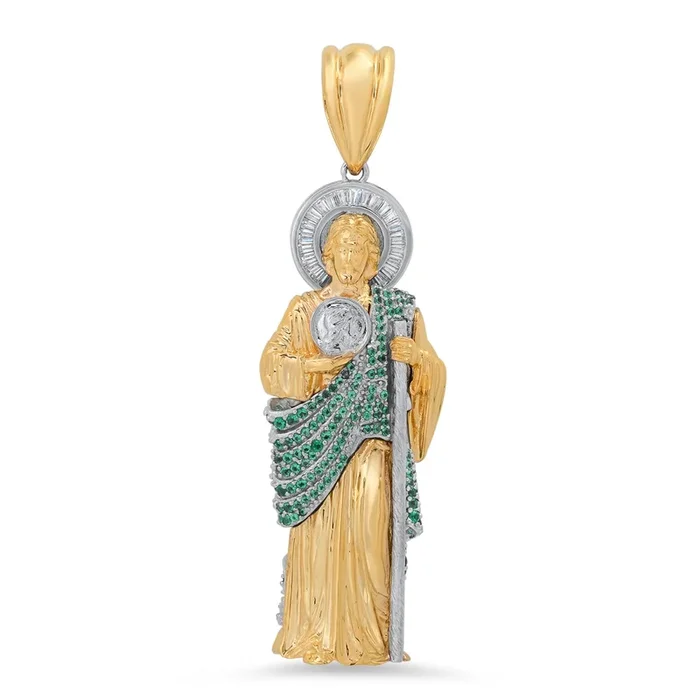 Roberto Martinez 14KT White and Yellow Gold Cubic Zirconia Religious Saint Jude Pendant. Chain Not Included