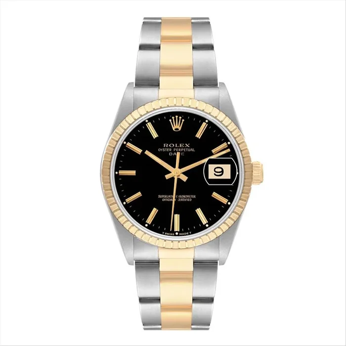 Rolex Date 34 Black Stick Dial 18-Karat Gold Fluted Bezel and Stainless Steel and Gold Oyster Bracelet
