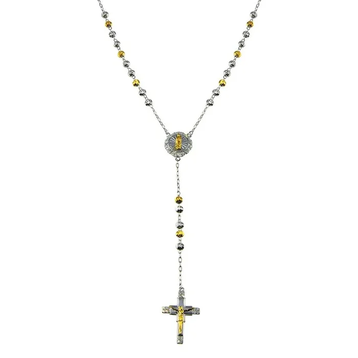 Rosario bicolor con cruz de circonitas cúbicas y cuentas de CC bañado en plata de ley 925 – GMN00088RG