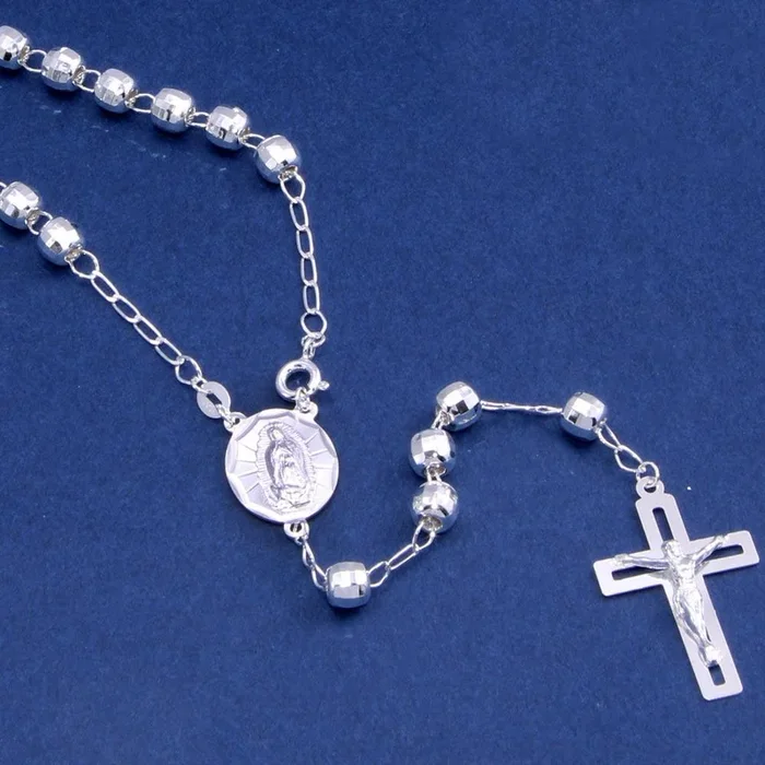 Rosario de plata de ley 925 pulida con cuentas de 6 mm con corte de diamante – ROS33-6MM