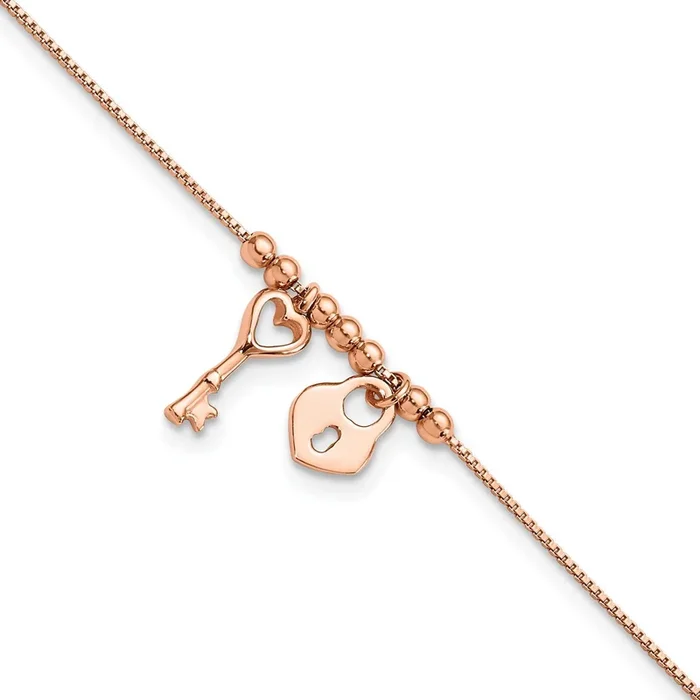 Rose Gold Plated Sterling Silver 9-inch Heart Lock and Key Anklet