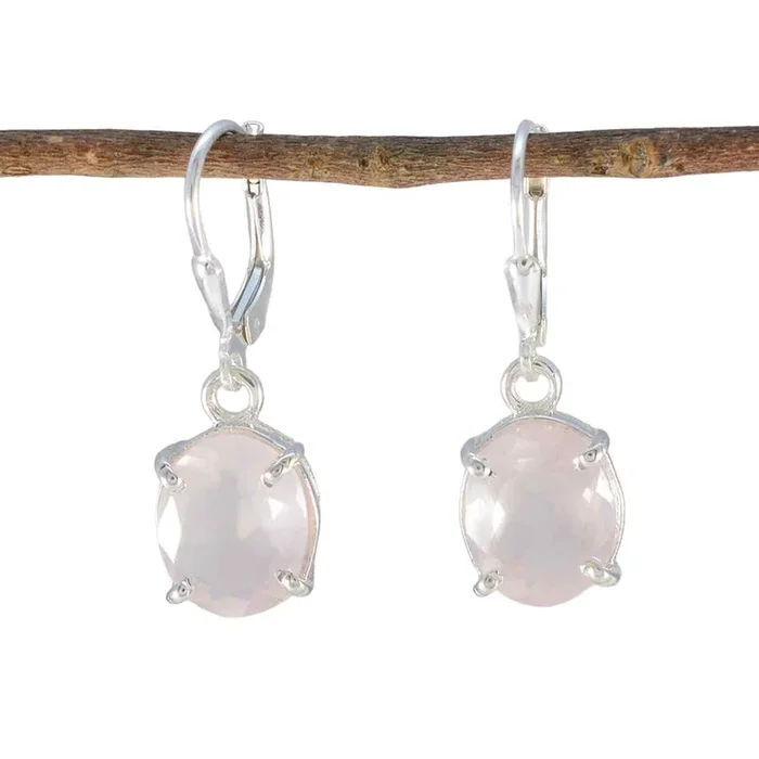 Rose Quartz French Riley Solitaire Dangle Pink Silver Earring