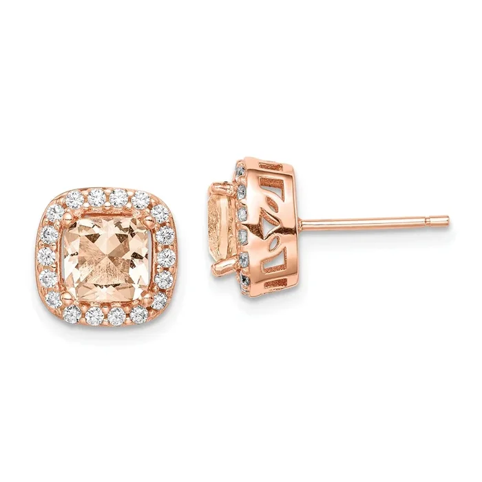 Rosetone Sterling Silver Square Cubic Zirconia 10MM Halo Stud Earrings
