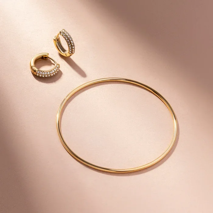 Round Wire Bangle Bracelet & Diamond Huggie Hoop Earrings Combo Set