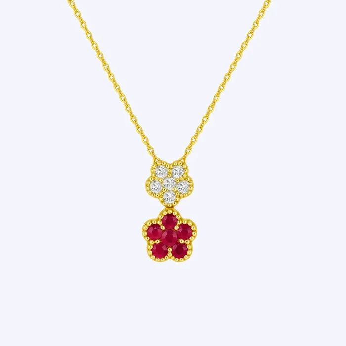 Ruby & Diamond Double Flower Pendant Necklace