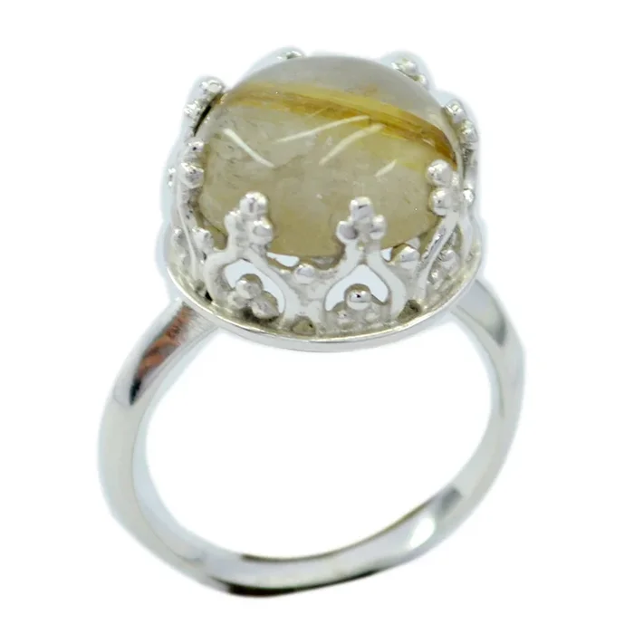 Rutile Quartz Solitaire African 925 Silver Yellow Gems Classic Art Deco Ring Jewelry