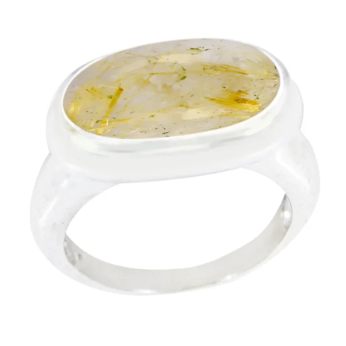 Rutile Quartz Solitaire Egyptian Sterling Silver Yellow Gemstone Mid-weight Sophisticated Ring Jewelry