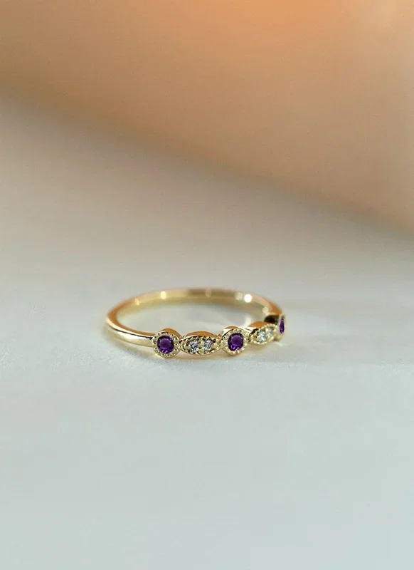 Sage diamond amethyst february birthstone ring 14k gold