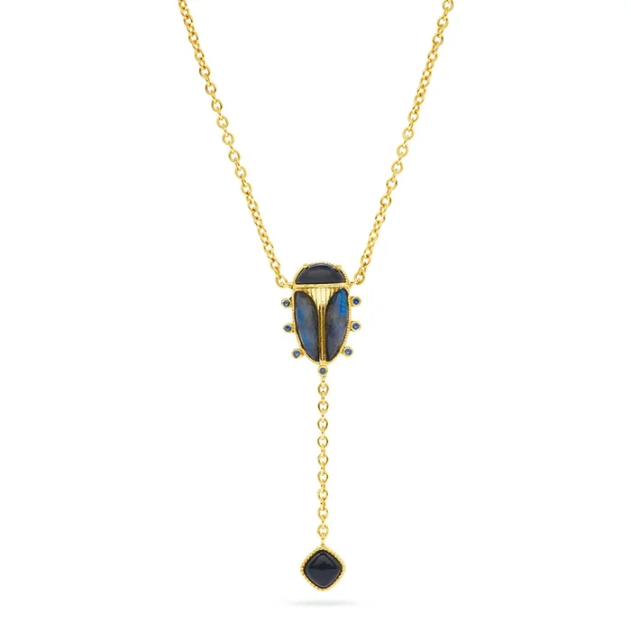 Scarab Lariat Necklace, 18″+2″ – Blue Labradorite/Black Agate
