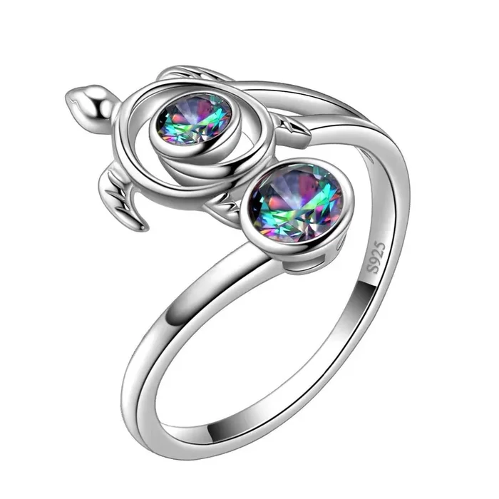 Schildkröte Regenbogen Mystic Topas Offene Ringe Damen Mädchen Schmuck Geschenk Sterling Silber