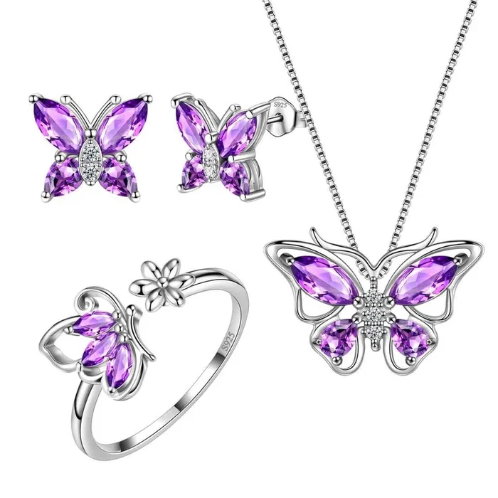 Schmetterlings-Geburtsstein Februar-Amethyst-Schmuckset, 4-teilig, für Damen und Mädchen, Geburtstagsgeschenk