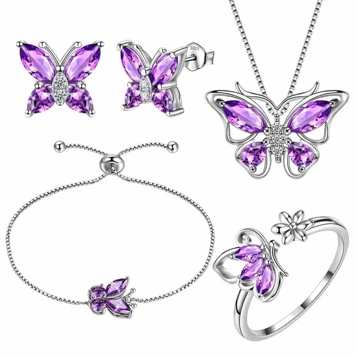 Schmetterlings-Geburtsstein Februar-Amethyst-Schmuckset, 5-teilig, für Damen und Mädchen, Geburtstagsgeschenk